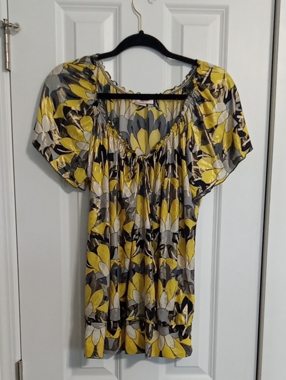 Yellow and Gray Floral Peasant Top